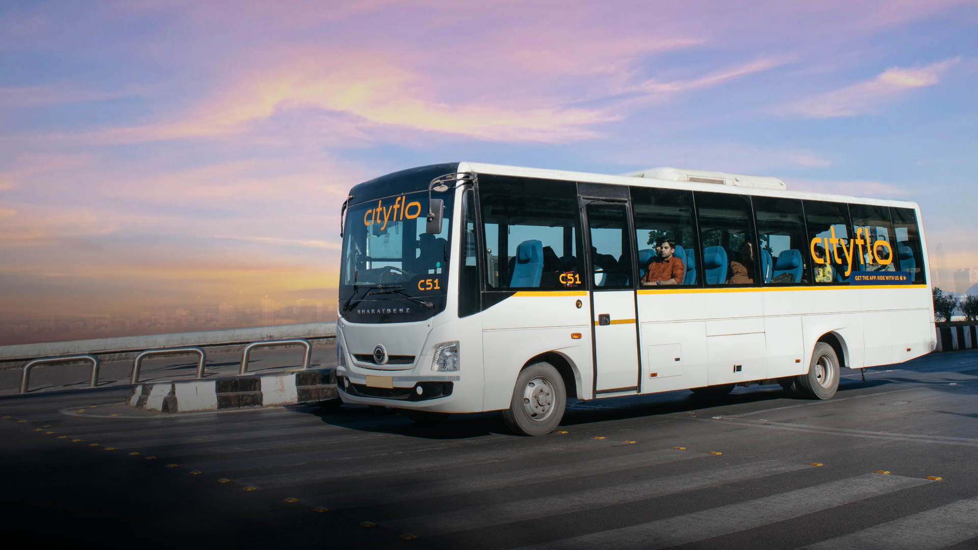 A Cityflo AC rental bus on their outstation trip in Maharashtra.